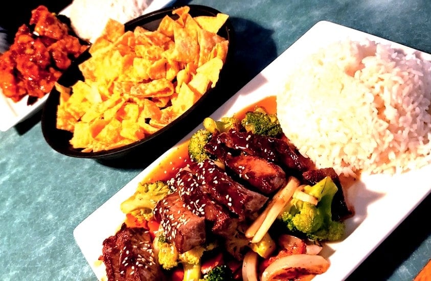 Steak Teriyaki and General Tso' Chicken and rice