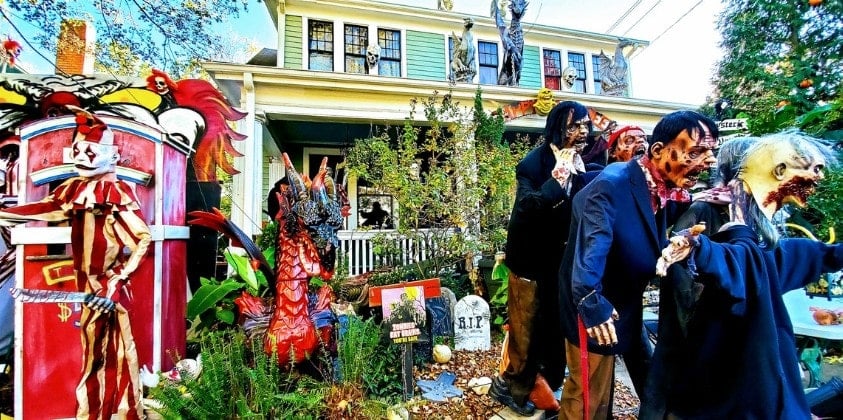 Green House with Halloween Decor