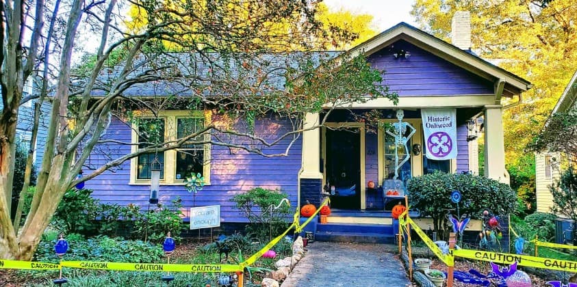 Purple House with Halloween Decor