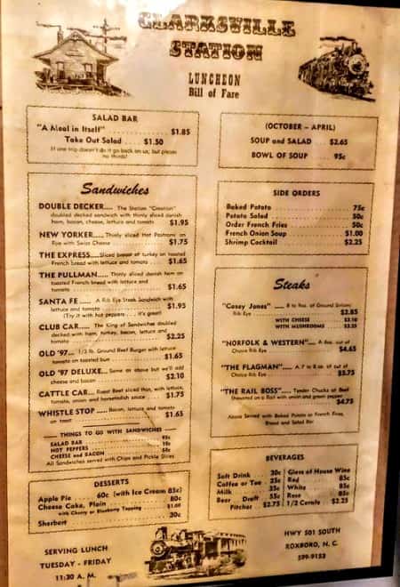 Clarksville Station Menu from 1975 in Roxboro, NC