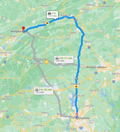 Map of Charlotte, NC to Abingdon, VA