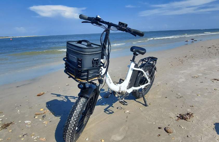 The front basket on the Magicycle Jaguarundi fits a Yeti Cooler perfectly
