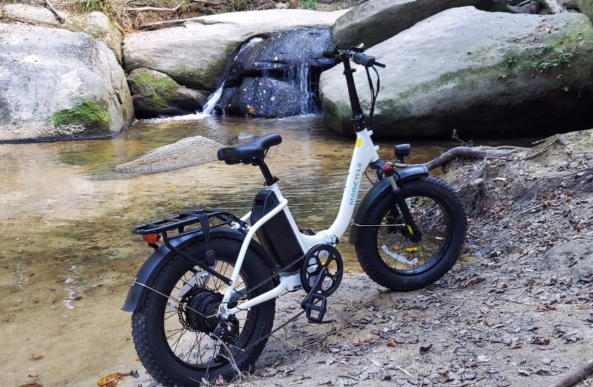 The fat tire Jaguarundi by Magicycle getting on my favorite dirt trail by a waterfall