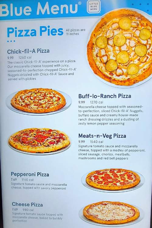 Chick-fil-A menu featuring it's different pizza choices on the Little Blue Menu