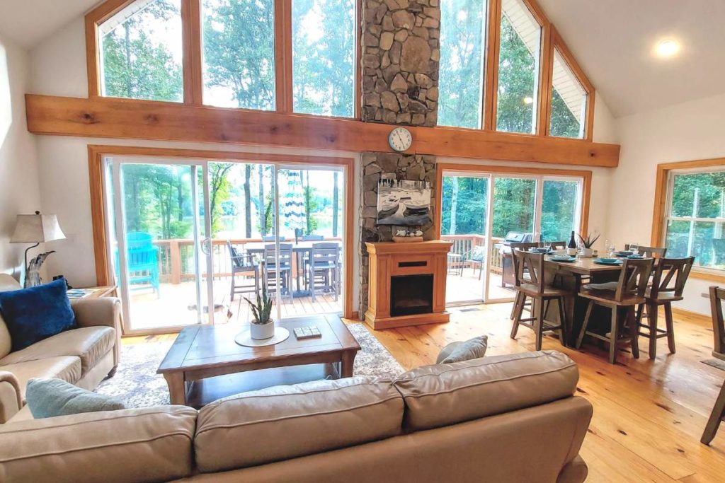 The spacious kitchen and living area in Mayo Lakehouse in North Carolina.